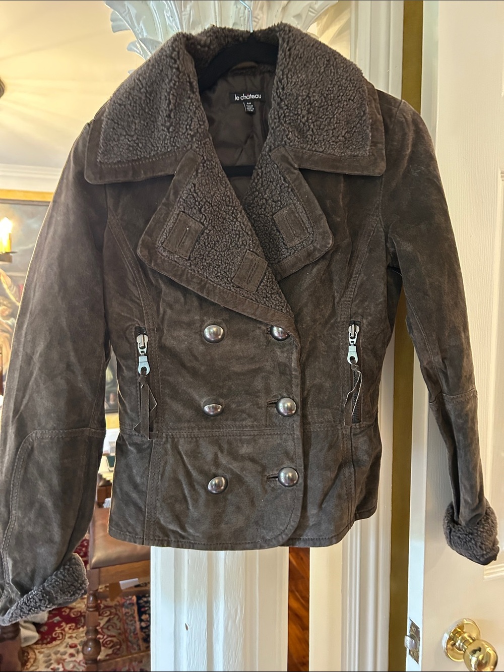 le chateau Brown Suede Teddy-Lined Double-Breasted Jacket